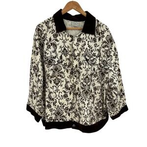 Donna Vintage Jacket Brown Floral Damask Velvet Trim Button Up 2X Large